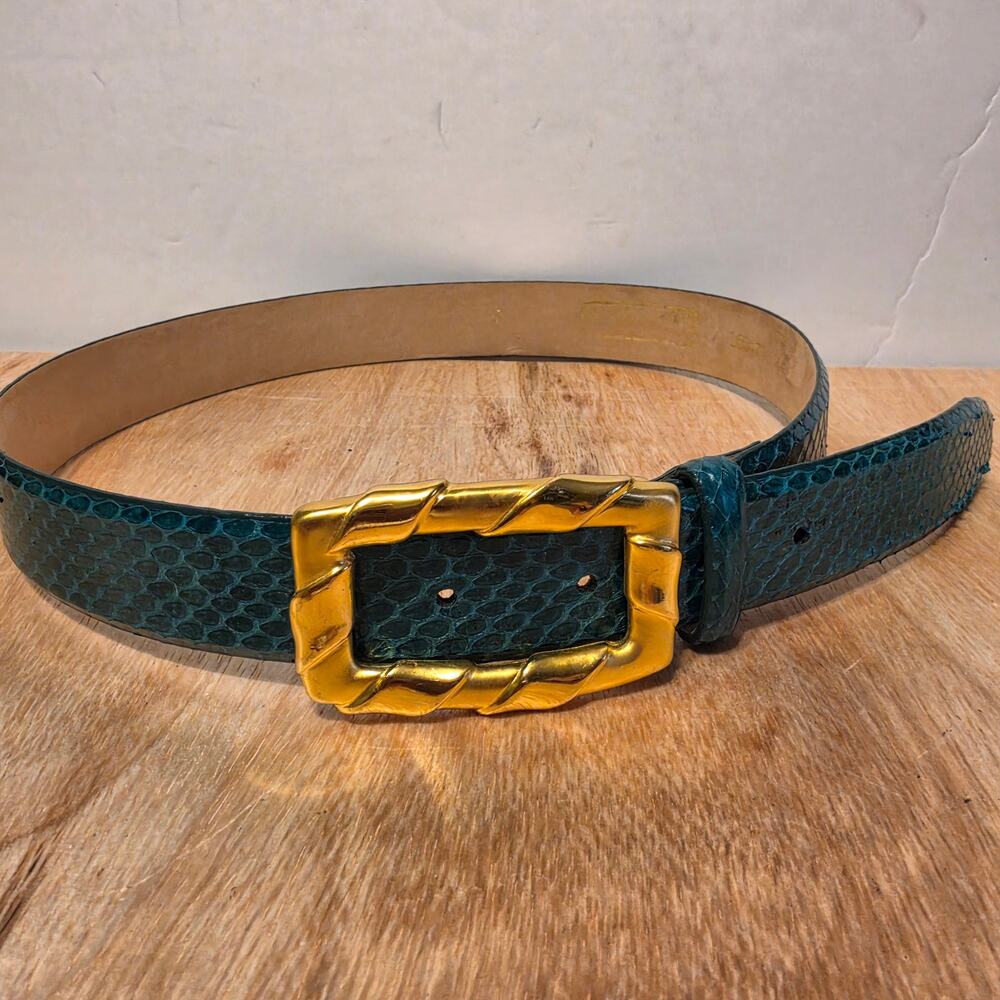 Vintage Carlistle #16047 Leather belt teal snakeskin embossed chunky buckle S